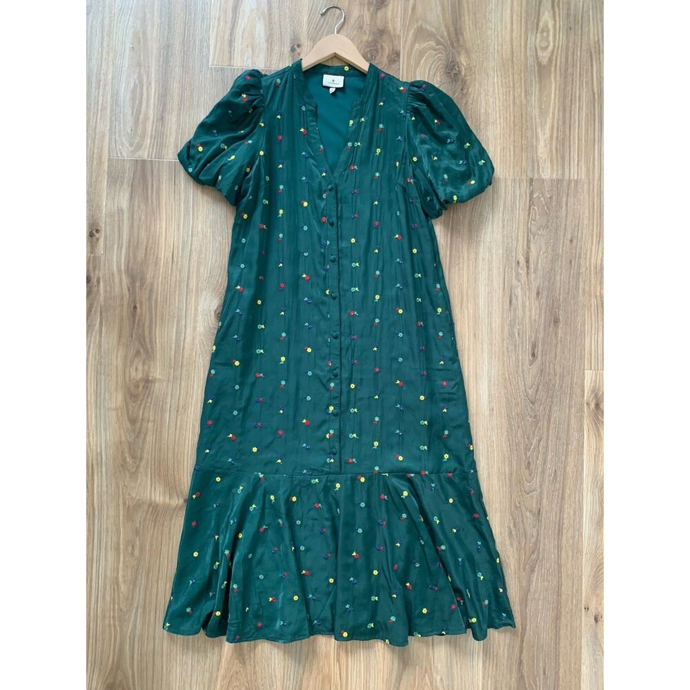 Tuckernuck Molly Embroidered Midi Dress Green Floral Puff Sleeve Women’s M
